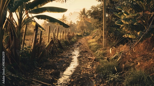 Parched water channels bordered by decaying banana trees, broken fences, dense foliage, and strewn dry foliage. photo