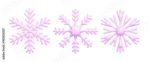 Set of 3d pink snowflakes. Realistic New Year and Christmas decoration of plastic snowflake