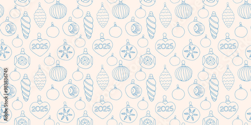 Trendy color seamless pattern with doodle Christmas toys. Balls and decoration for New Year 