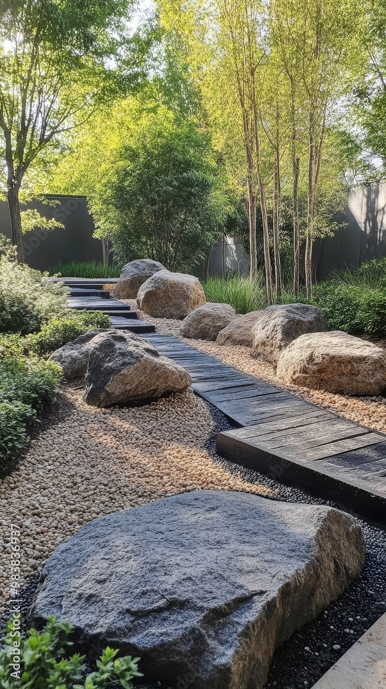 A peaceful rock garden features a winding path among large stones and vibrant vegetation A peaceful rock garden features a winding path among large stones and vibrant vegetation