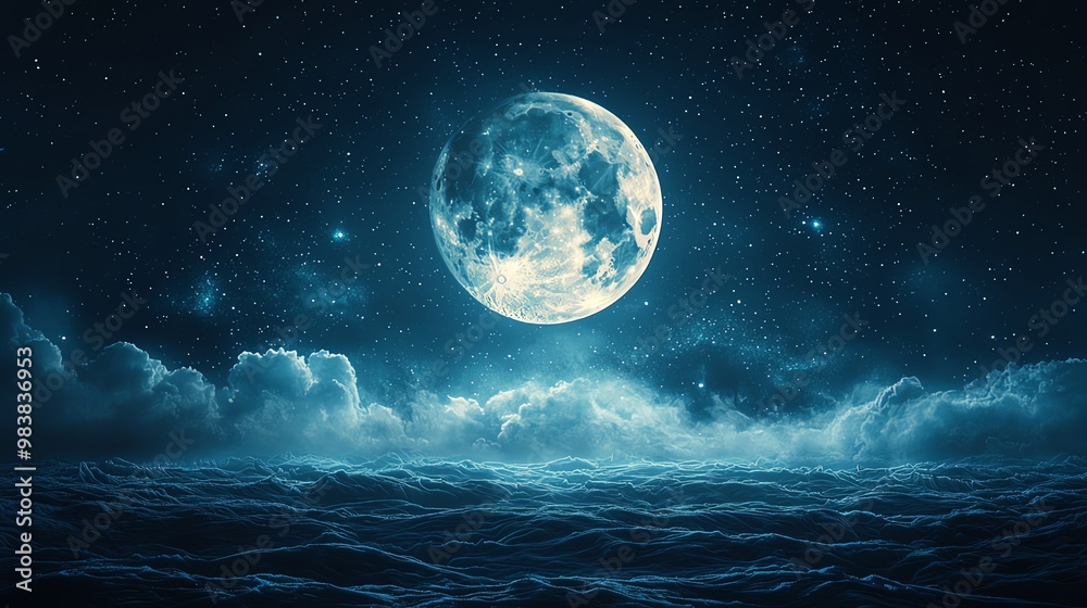 Full moon over ocean waves at night with starry sky. Full moon over ocean waves at night with starry sky.