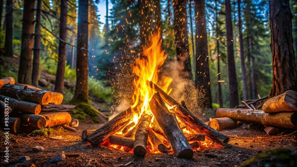 A crackling campfire casts a warm glow, sparks flying upwards as embers glow like tiny stars on a A crackling campfire casts a warm glow, sparks flying upwards as embers glow like tiny stars on a