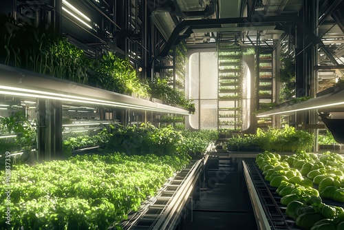 Modern indoor vertical farm with lush green plants illuminated by artificial lights, showcasing innovative agricultural technology.