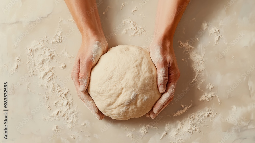 Hands gently holding a ball of dough on a flour-dusted surface, perfect for baking and cooking enthusiasts. Hands gently holding a ball of dough on a flour-dusted surface, perfect for baking and cooking enthusiasts.