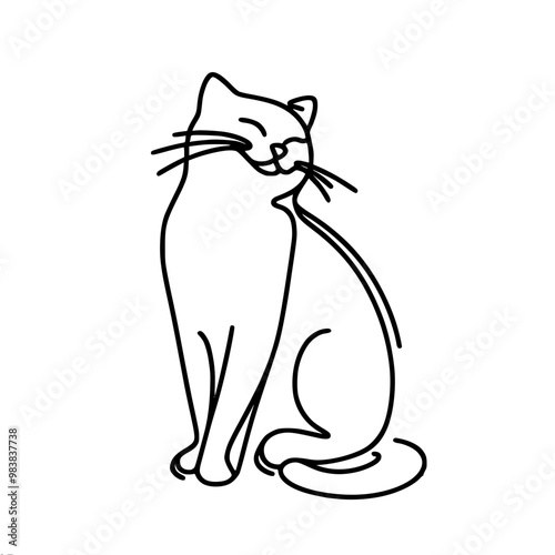 Minimalistic vector line drawing of a contented smiling sitting cat with its tail wrapped around its body and its head turned upwards, symbolizing elegance and simplicity