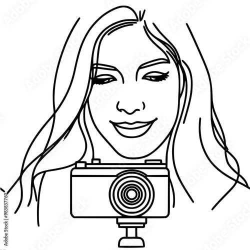 Line vector simple drawing of camera on tripod and girl with smile on face, influencer shoots on camera