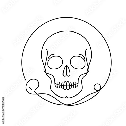 Minimalistic vector linear black and white illustration of a skull in a circle symbolizing life, death and mysticism