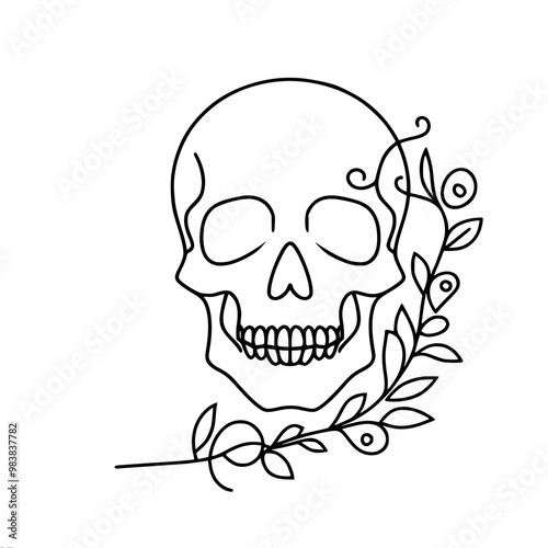 Stylized vector linear skull with decorative element in the form of a vine with leaves and berries, located near the jaw