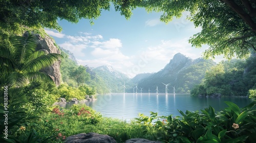 Serene mountain lake surrounded by lush green forest and mountains under a clear blue sky, perfect spot for nature and tranquility lovers.