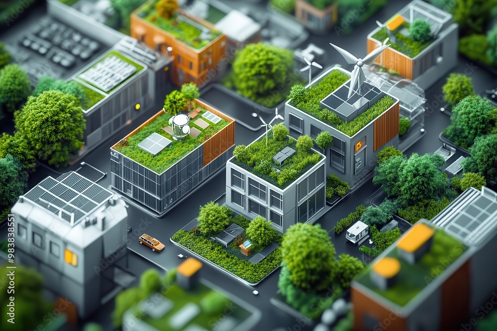 Sustainable city with green roofs, wind turbines, and eco-friendly buildings showcasing modern urban living and renewable energy solutions. Sustainable city with green roofs, wind turbines, and eco-friendly buildings showcasing modern urban living and renewable energy solutions.
