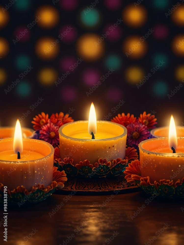 Detailed Diwali scene with glowing candles and colorful flowers. Detailed Diwali scene with glowing candles and colorful flowers.
