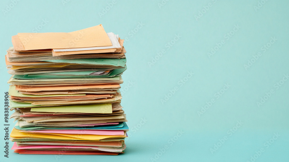 Overdue utility bills stacked high, representing household debt and financial stress. colorful papers contrast against soft blue background, highlighting burden of unpaid expenses Overdue utility bills stacked high, representing household debt and financial stress. colorful papers contrast against soft blue background, highlighting burden of unpaid expenses
