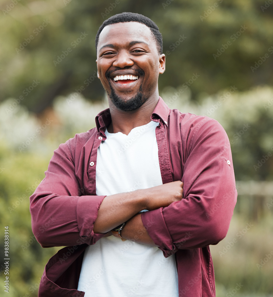 Φωτογραφία Black man, portrait and outdoor with arms crossed in nature, forest and countryside in Nigeria
