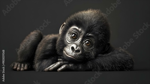 Photo of a baby gorilla isolated against a black background, wild animal day photo