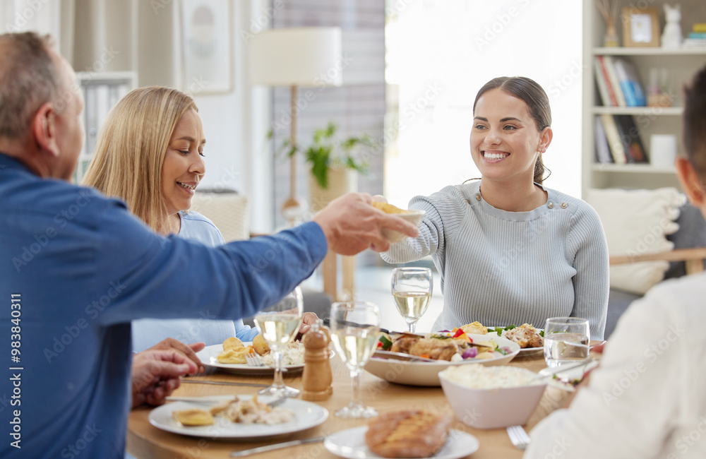 Help, smile and food with family at dining room for Thanksgiving celebration, festive holiday and brunch. Support, love and party with people and dinner for nutrition, grateful and tradition at home