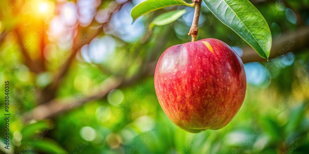 A juicy Ripe Jamaican apple fruit hangs temptingly from a sturdy branch, its vibrant red and yellow skin A juicy Ripe Jamaican apple fruit hangs temptingly from a sturdy branch, its vibrant red and yellow skin
