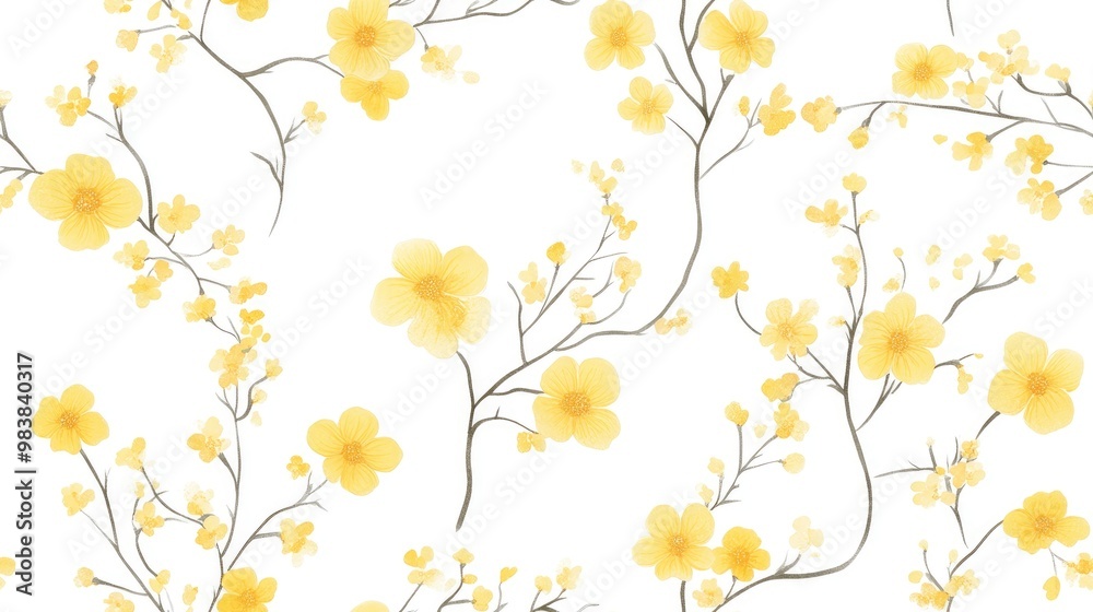 Seamless pattern featuring delicate small yellow flowers on a white background ideal for spring and summer floral designs in textiles and greeting cards Seamless pattern featuring delicate small yellow flowers on a white background ideal for spring and summer floral designs in textiles and greeting cards
