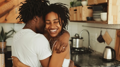 A joyful couple embracing in a cozy kitchen, radiating love and happiness in their intimate moment together.