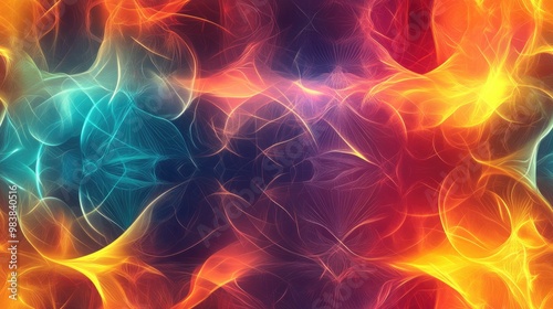 Abstract geometric seamless background featuring cosmic elements flames fractals and representations of physical phenomena along with concepts from nature and medicine