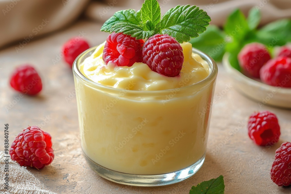 Creamy Vanilla Pudding with Fresh Raspberries and Mint Garnish Creamy Vanilla Pudding with Fresh Raspberries and Mint Garnish