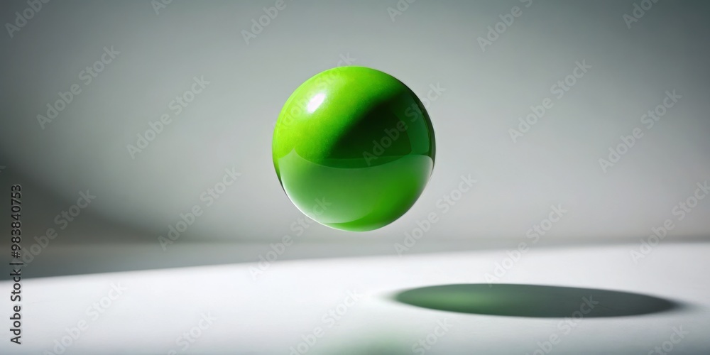 A luminous green orb floats effortlessly on a crisp white backdrop, its subtle shadow a gentle reminder of A luminous green orb floats effortlessly on a crisp white backdrop, its subtle shadow a gentle reminder of