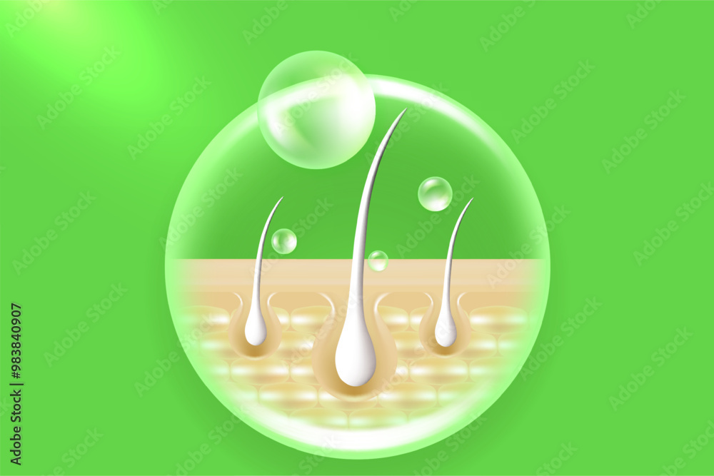 Φωτογραφία Hyaluronic acid and Niacinamide gray hair and skin solutions ad, green collagen serum drops into skin cell with cosmetic advertising background ready to use, illustration vector