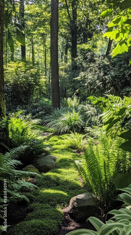 Explore a peaceful garden where sunlit ferns and soft moss create a sanctuary of tranquility Explore a peaceful garden where sunlit ferns and soft moss create a sanctuary of tranquility