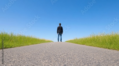 A person stands alone on an empty road beneath a clear blue sky, surrounded by lush green grass, symbolizing freedom and journey.