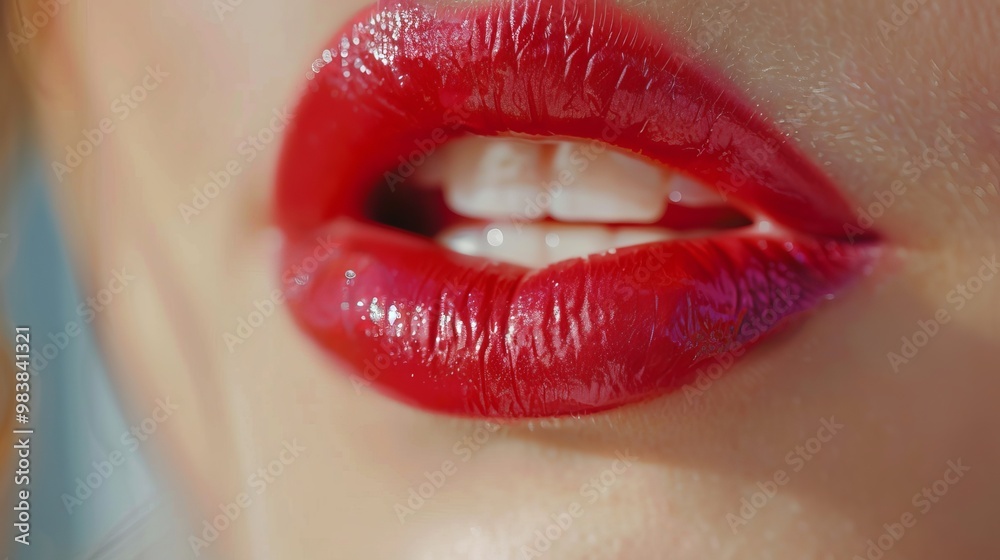Obraz premium Close-up of sensual female lips with glossy red lipstick and pink lip gloss, highlighting natural beauty and lip care in stunning macro detail, perfect for skincare, cosmetic, and beauty product campa