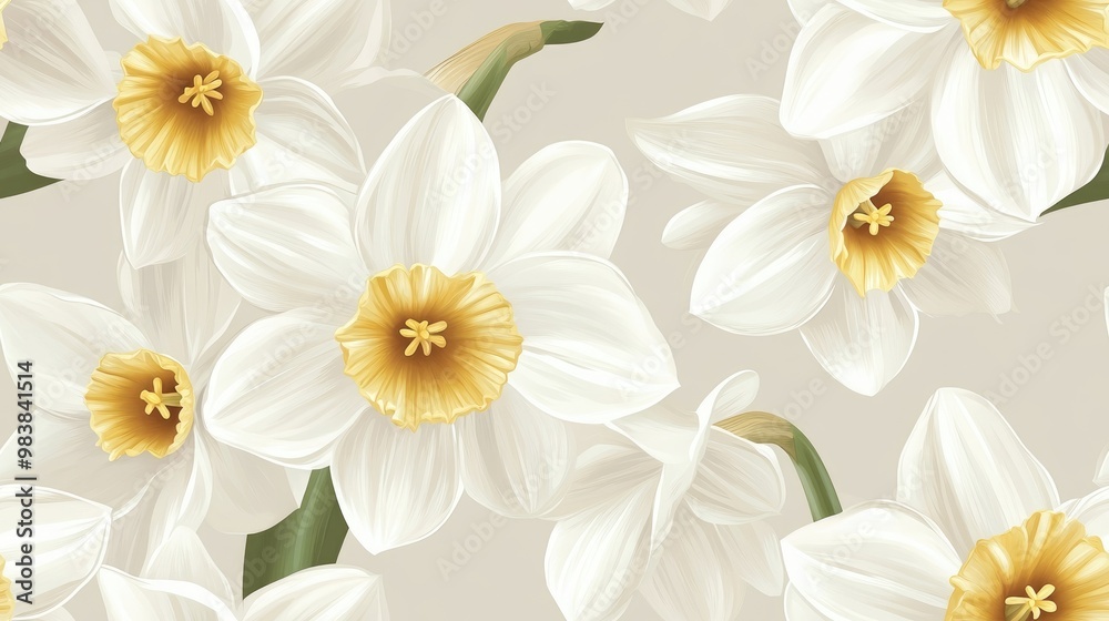 Fototapeta premium Elegant seamless pattern featuring white daffodil flowers ideal for invitations cards prints gift wrap textiles and wallpapers