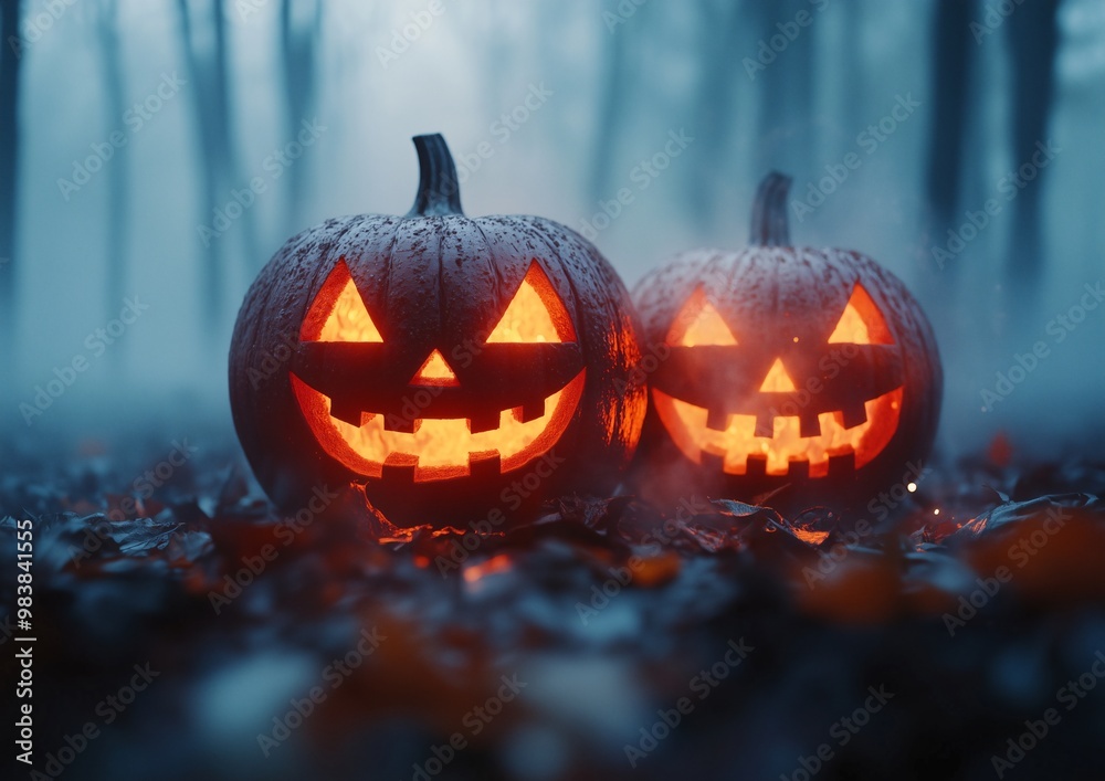 two pumpkins with a face carved in the middle of the night. two pumpkins with a face carved in the middle of the night.