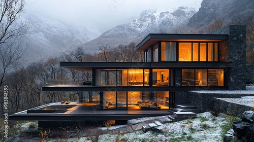 A sleek modern house with a cantilevered deck, providing breathtaking views of a jagged mountain range