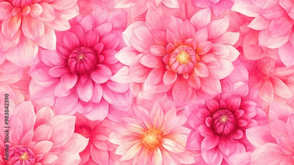 Seamless pattern of pink dahlias in watercolor
