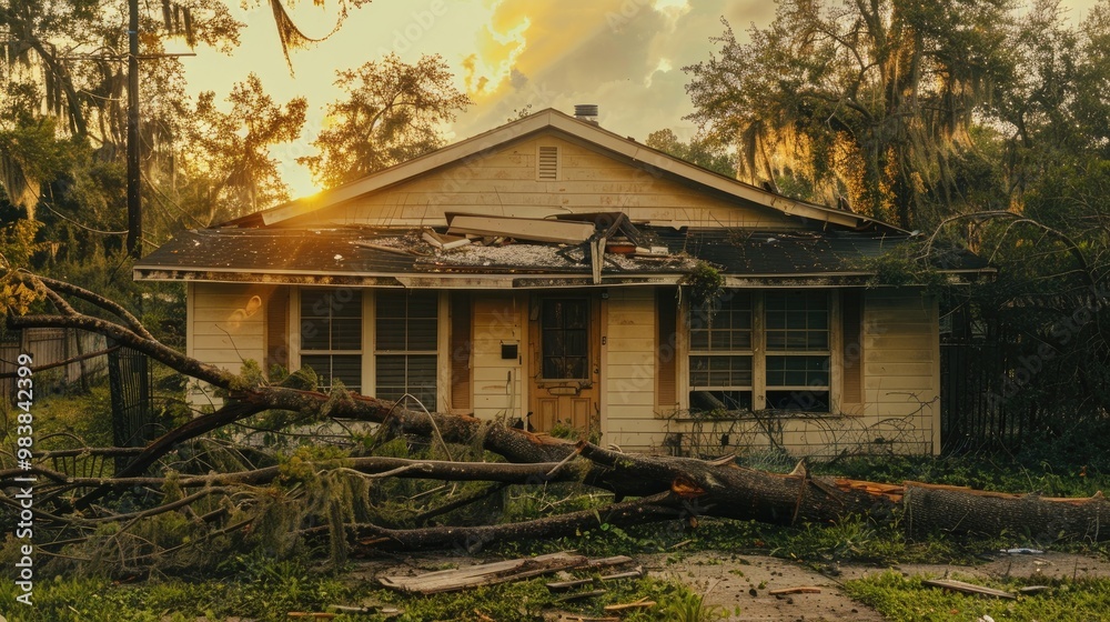 Damage from a tempest featuring a residence with timber shutters and a toppled tree in the yard. Damage from a tempest featuring a residence with timber shutters and a toppled tree in the yard.