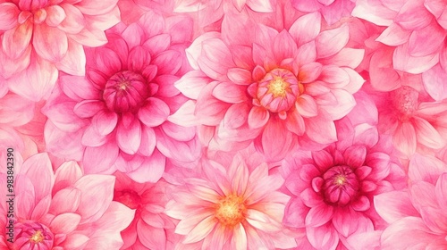 Seamless pattern of pink dahlias in watercolor