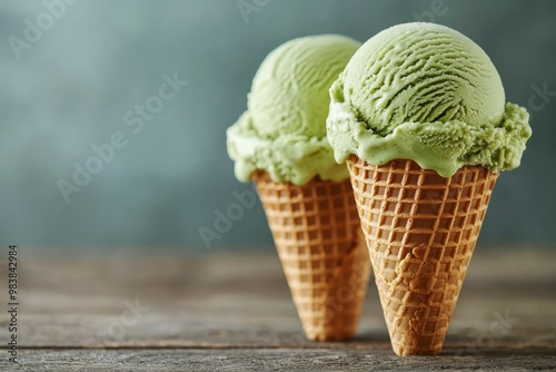 Two Scoops of Green Tea Ice Cream in Waffle Cones photo