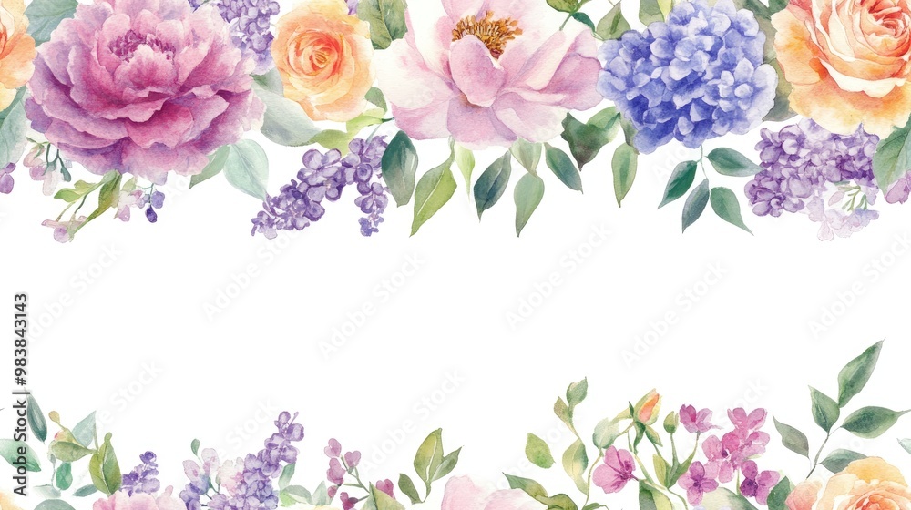 Floral border garland featuring roses peonies and lilacs in watercolor Floral border garland featuring roses peonies and lilacs in watercolor