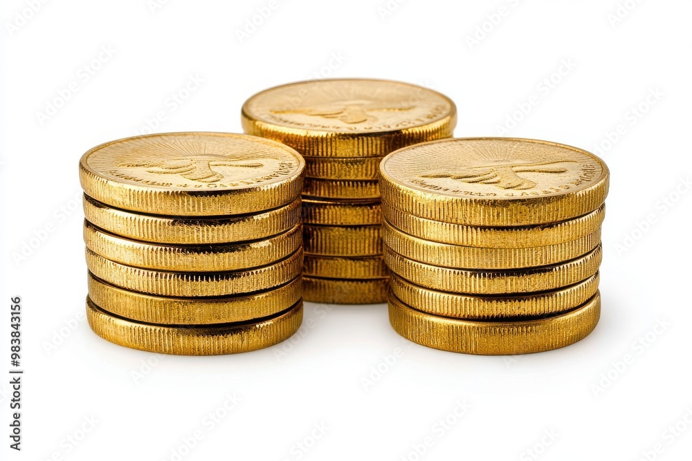 Generate a high-resolution digital image of four different stacks of gold coins Generate a high-resolution digital image of four different stacks of gold coins