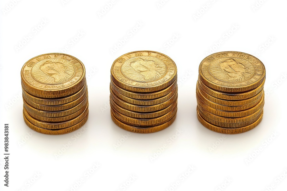 Generate a high-resolution digital image of four different stacks of gold coins Generate a high-resolution digital image of four different stacks of gold coins