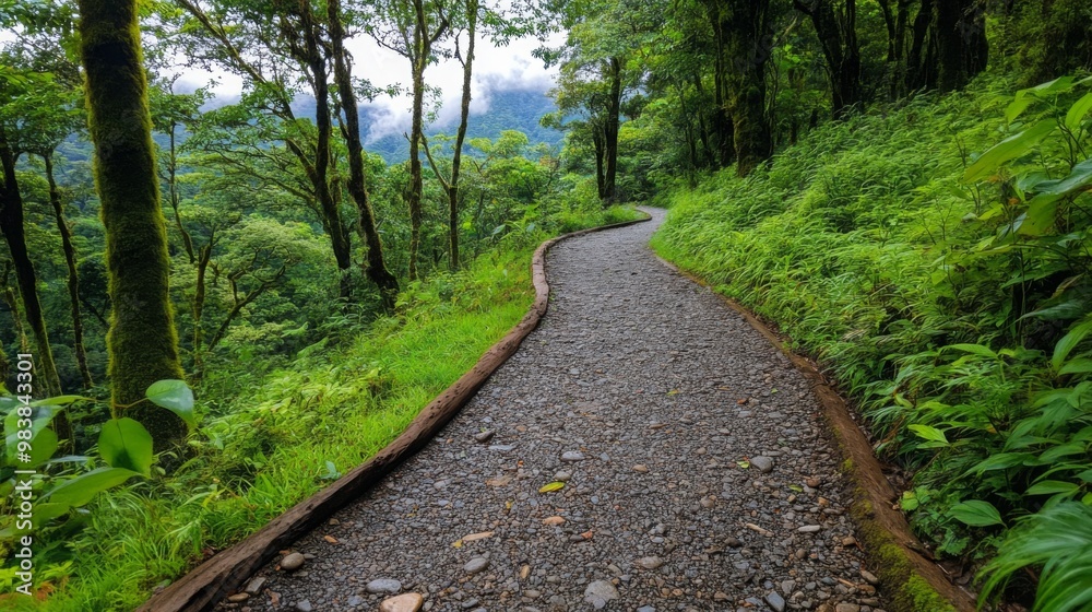 Fototapeta premium A winding stone path surrounded by lush green forest trees, creating a serene and peaceful atmosphere. 