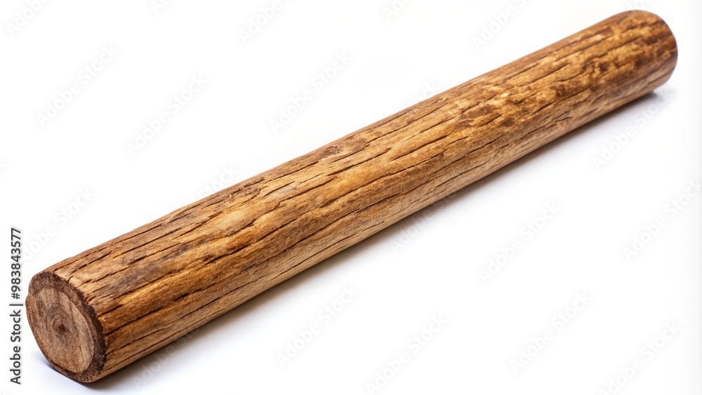 A rough-hewn brown wooden rod with visible natural grain, showcased solo against a crisp white backdrop. A rough-hewn brown wooden rod with visible natural grain, showcased solo against a crisp white backdrop.