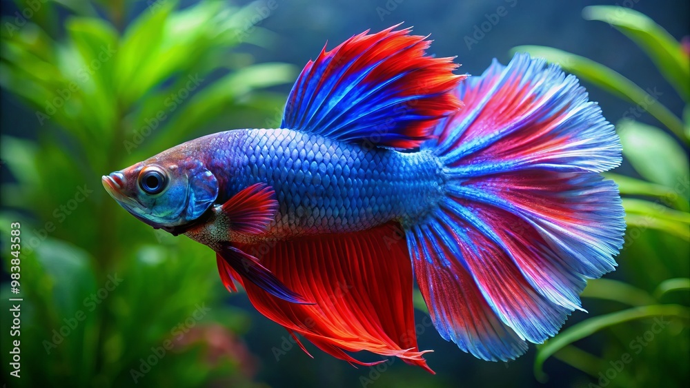A resplendent Royal blue and red betta fish showcases its striking, curved halfmoon tail flares amidst a kaleidoscope A resplendent Royal blue and red betta fish showcases its striking, curved halfmoon tail flares amidst a kaleidoscope