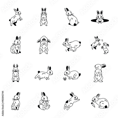 Bundle of Cute Bunny Drawing Style Icons 


