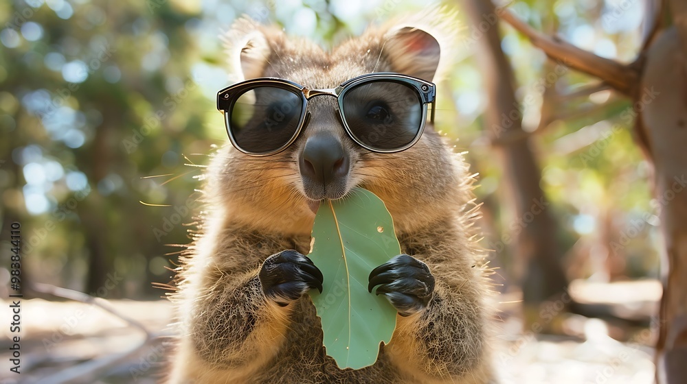 Obraz premium Quokka chewing and donning sunglasses while clutching a leaf in its claws