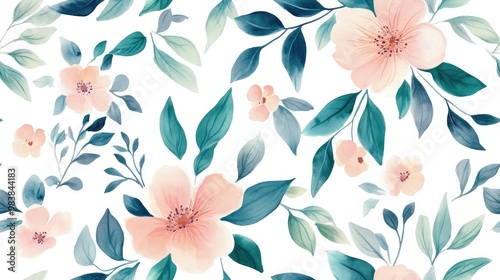 Wallpaper Mural Seamless Hand Painted Abstract Watercolor Pattern of Ditsy Flowers and Leaves on Isolated Background Torontodigital.ca