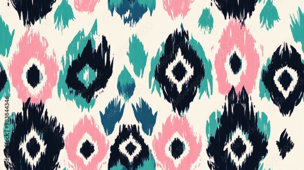 Ikat seamless print with a cute and endless ornament featuring a modern texture and retro folk design Tribal decorative print in white pink cyan black and green Ikat seamless print with a cute and endless ornament featuring a modern texture and retro folk design Tribal decorative print in white pink cyan black and green