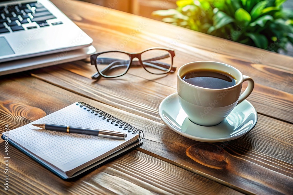 A notebook and pen sit on a wooden table next to a cup of coffee A notebook and pen sit on a wooden table next to a cup of coffee