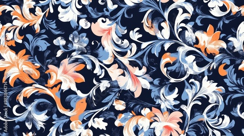 Seamless pattern of contemporary floral ornaments suitable for apparel textiles including dresses shirts fashion garments and swimwear