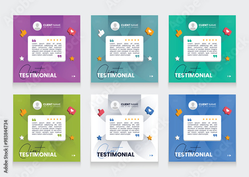 Clean and modern client testimonial banner set template. customer review social media post bundle carousel template design.