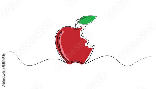 Line art drawing of a bitten apple. Abstract red apple line drawing. Isolated white background